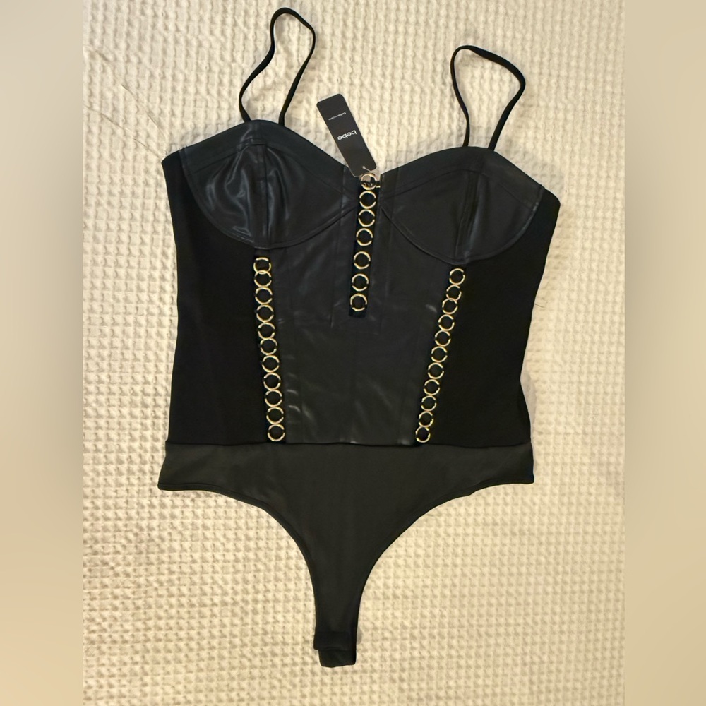 Black vegan leather bodysuit with gold accents NWT